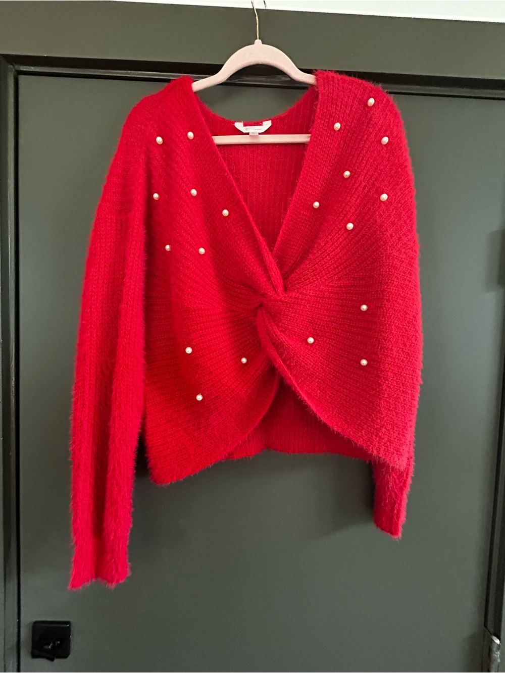 No Boundaries Red Pearl-Embellished Twist V-Neck Sweater